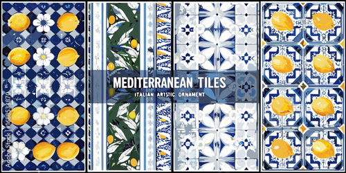 Collection of mediterranean tiles featuring lemons flowers and intricate patterns in blue and white