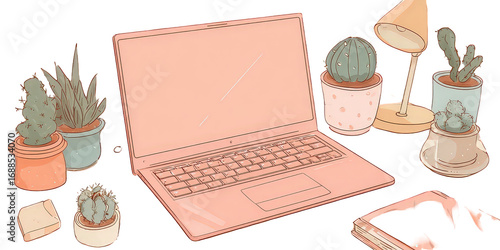 Pink Laptop with Succulents and Desk Lamp