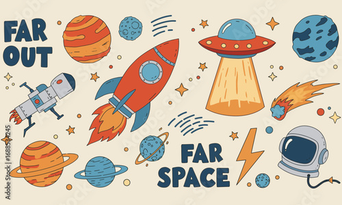 “Far Out / Far Space” modular space illustration—stylized rocket, UFO, astronaut, and planets for educational UX, sci-fi branding, and motion-based storytelling