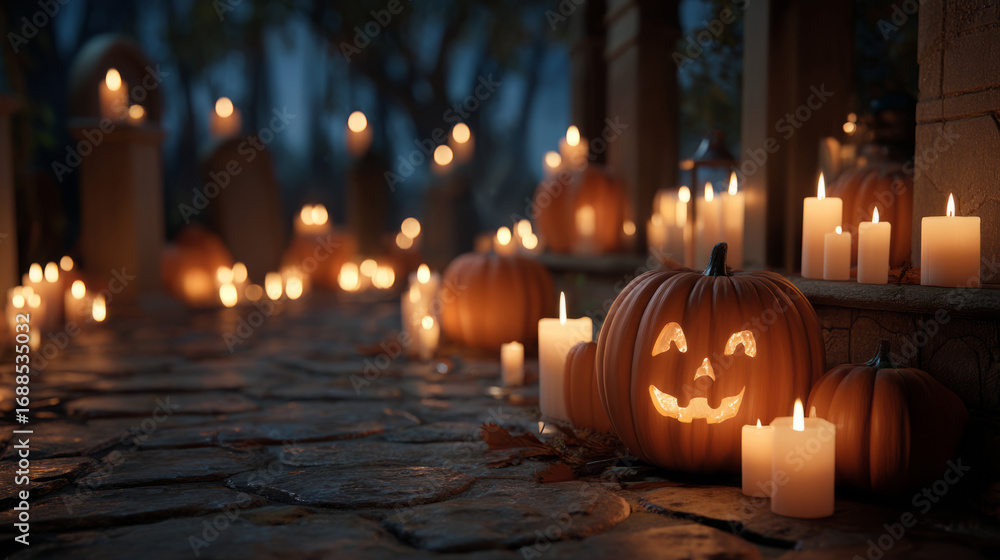 Fototapeta premium Burning candles and softly flickering pumpkin lanterns on Halloween