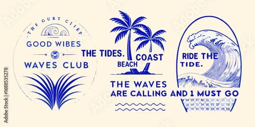 Collection of vintage style blue and white beach and surf inspired graphic designs with text