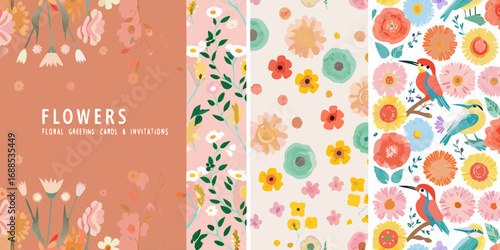 Collection of floral designs and patterns featuring flowers birds and botanical elements for greeting cards and invitations