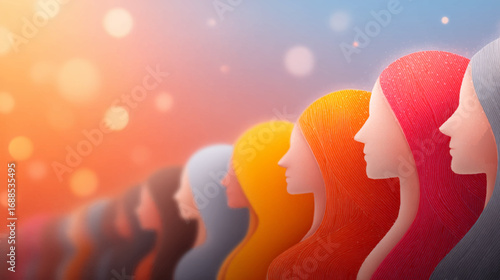 a row of silhouettes with vibrant hair against a blurred background of orange and blue lights