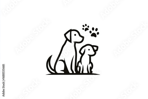 Vector minimal dog logo set, simple line art of dogs and paw prints, modern flat design, isolated on white