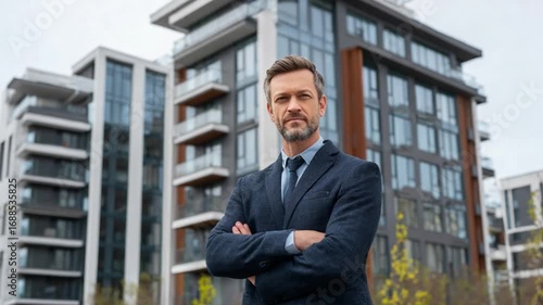 Wallpaper Mural Modern Real Estate Mogul: A confident, distinguished man in a sleek suit stands before a collection of modern apartment buildings, exuding an air of professionalism and real estate acumen. Torontodigital.ca