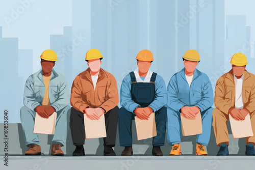 five men wearing yellow hard hats sitting side by side, each holding clipboard
