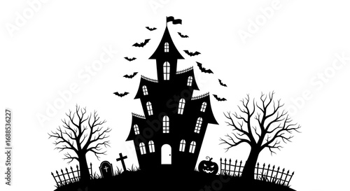 Spooky Halloween haunted house silhouette with bats, pumpkin, and tombstones against white