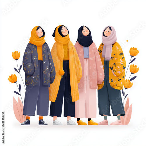 four young women standing in a row, all dressed in colorful sweaters and scarves, surrounded by flowers