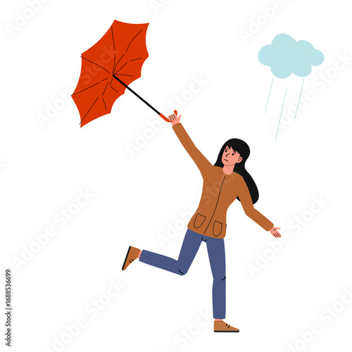 Storm with Woman Character Struggle with Umbrella in Hurricane Vector Illustration.