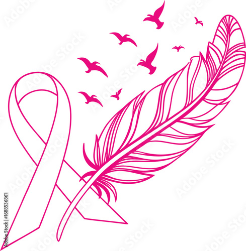 awareness ribbon vector, awareness ribbon with feather vector, awareness ribbon with birds vector, ribbon transforming into birds vector, feather turning into birds vector illustration,