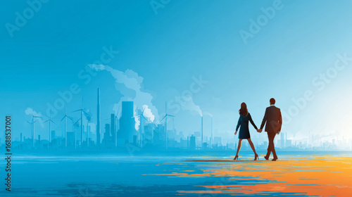 two people walking towards a city skyline with windmills reflected in water