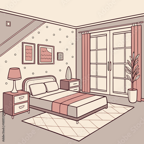 Real estate apartment interior design vector, cozy bedroom with modern decor, stylish furniture, flat colorful design