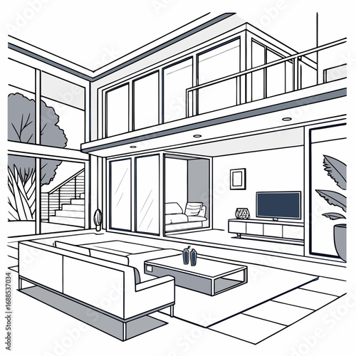 Modern living room interior design vector illustration, luxury real estate property, minimalist furniture, flat clean style