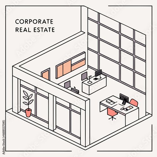 Office interior design vector illustration, corporate real estate workspace, clean architecture, flat design