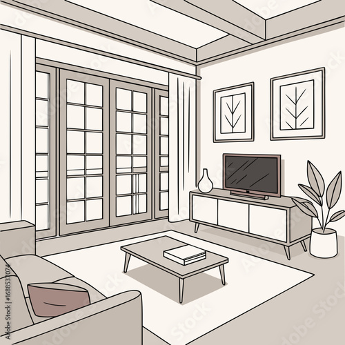 Scandinavian interior design vector, minimalist real estate apartment living room, neutral colors, stylish furniture