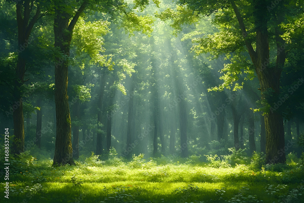 Obraz premium Sunbeams piercing through the canopy of a lush, green forest, il