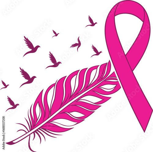 awareness ribbon vector, awareness ribbon with feather vector, awareness ribbon with birds vector, ribbon transforming into birds vector, feather turning into birds vector illustration,