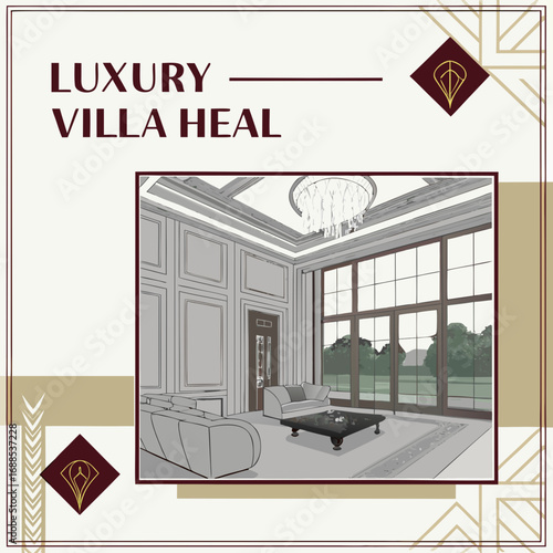 Luxury villa interior design vector, spacious living area with large windows, real estate marketing illustration