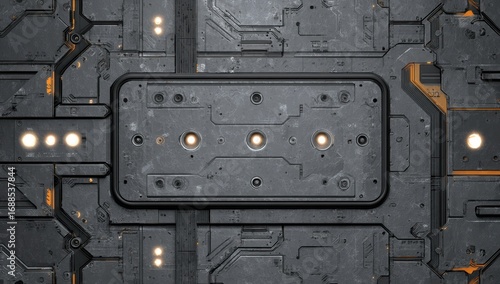 Dark grey metal panel with glowing lights, intricate circuitry