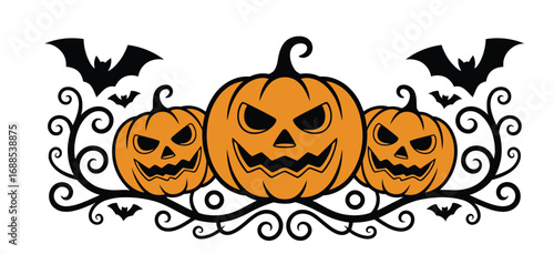 Spooky Halloween pumpkins and bats create a festive, eerie scene for holiday decorations