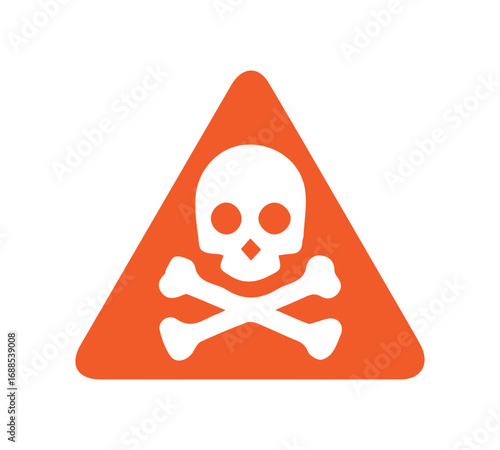 A bright orange triangular warning sign displays a skull and crossbones, symbolizing danger and toxicity.
