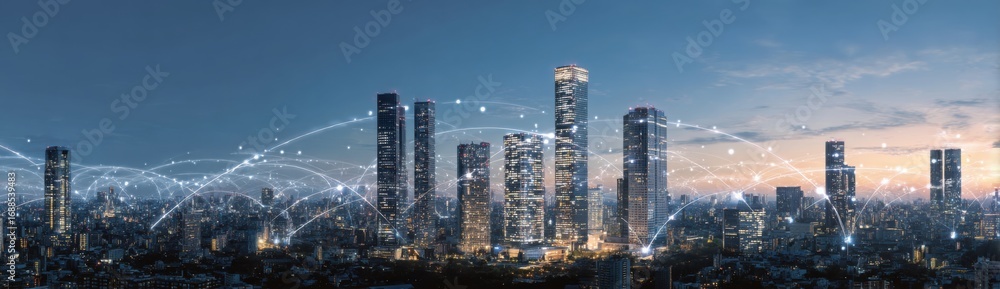 Fototapeta premium Skyline cityscape at twilight with interconnected digital network