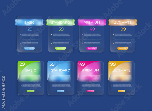 Set of Price Chart Table Plan Templates — Modern Trendy Gradient Glassmorphism Vector Design with Basic, Standard, Premium, and Ultimate Tier Levels