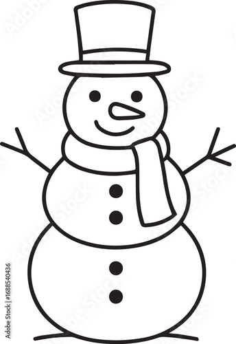 Joyful Snowman: A hand-drawn snowman wearing a stylish top hat and a cozy scarf, smiles warmly, embodying the cheer and simplicity of winter.