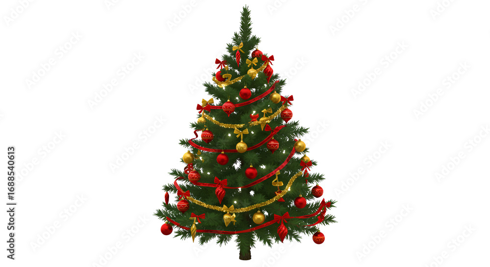 Obraz premium Decorated Christmas Tree with Red and Gold Ornaments and Tinsel in White Background