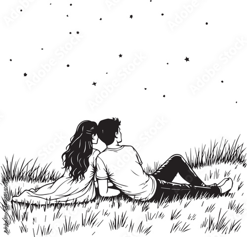 Stargazing Romance: A loving couple gazes at the night sky, finding love and connection under the twinkling stars, A tender embrace and shared moment of joy.
