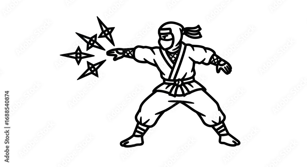 Fototapeta premium Dynamic Ninja Warrior Throwing Shurikens in Action Pose.