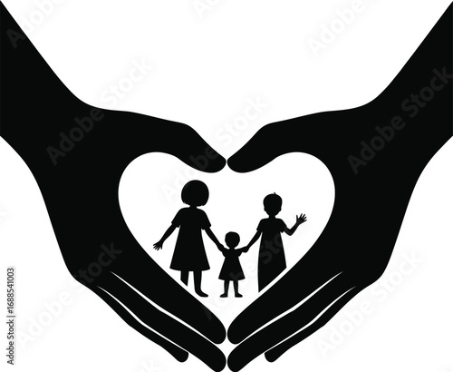 Hands forming heart around silhouetted family children