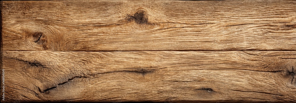 Naklejka premium Close-up of a rustic wooden plank. Warm brown tones and wood grain patterns are prominent