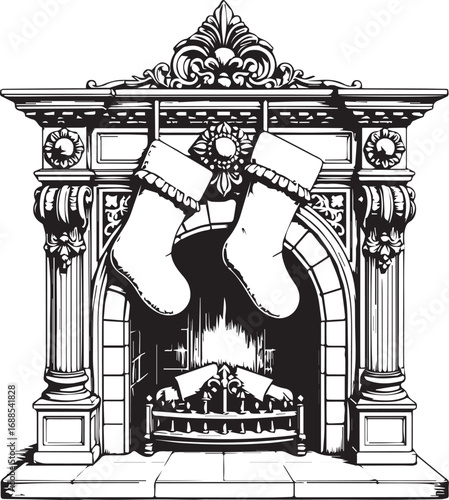Festive Fireplace: A detailed black and white illustration showcases an ornate fireplace, complete with Christmas stockings, evoking warmth and holiday cheer.