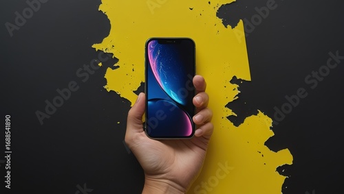 Hand holding an iphone on black background