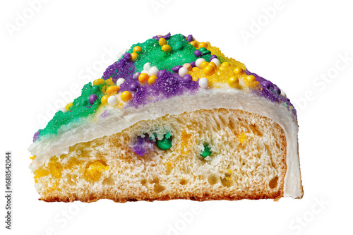Delicious king cake slice with colorful sprinkles mardi gras celebration on transparent background