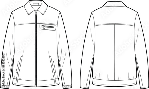 CAD drawing flat vector illustration of men's zip-up jacket, collar detail, front pockets, technical fashion sketch, outerwear design template