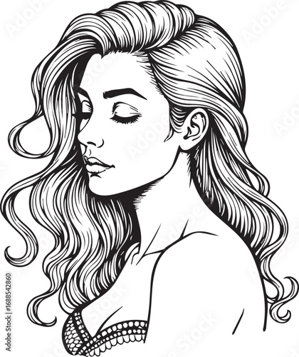 Elegant Lady in Intricate Line Art: A mesmerizing portrayal of an elegant lady, captured in stunning detail through delicate line art, with flowing hair and a serene expression.