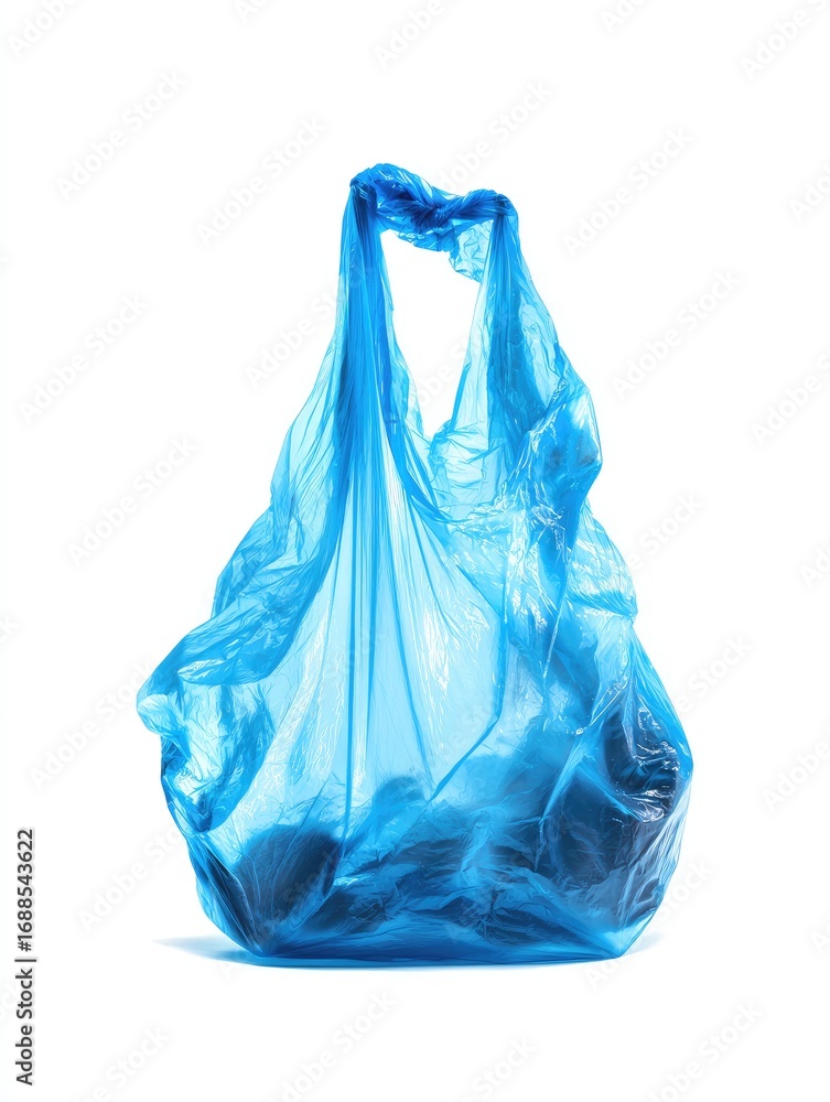 Fototapeta premium A light blue plastic shopping bag, slightly crumpled, sits on a white background, appearing empty or containing dark, indistinct objects