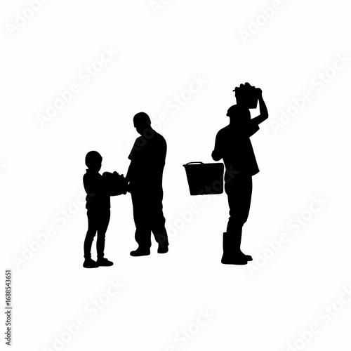 Family harvesting grapes in a vineyard silhouette