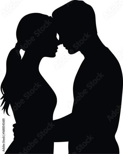 Couple embracing forehead to forehead silhouette embrace