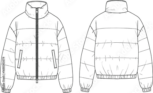CAD drawing flat vector illustration of padded puffer jacket with zipper, front and back technical sketch for fashion design