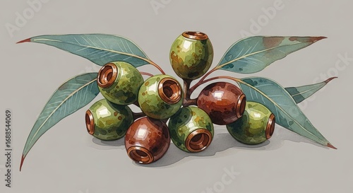 Eucalyptus Nuts and Leaves Watercolor Illustration with Brown an