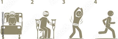 Vector Illustration of Sick Injured Person Recovering Step by Step Through Rehabilitation, Healing Process, Health Improvement and Becoming Healthy Again