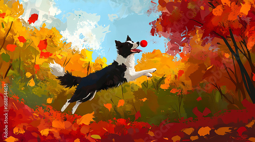 A dog is playing with a red ball in a forest