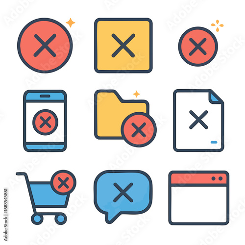 Nine delete or cancel icons with different shapes designs. Suitable for website or app interfaces needing versatile delete options.