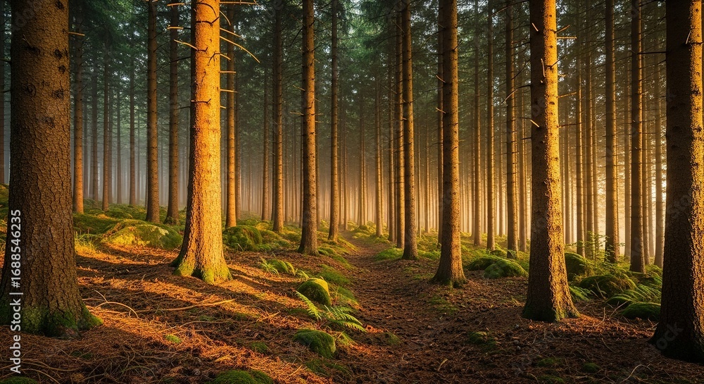 Obraz premium Golden Hour Light Filtering Through Dense Forest of Tall, Straig
