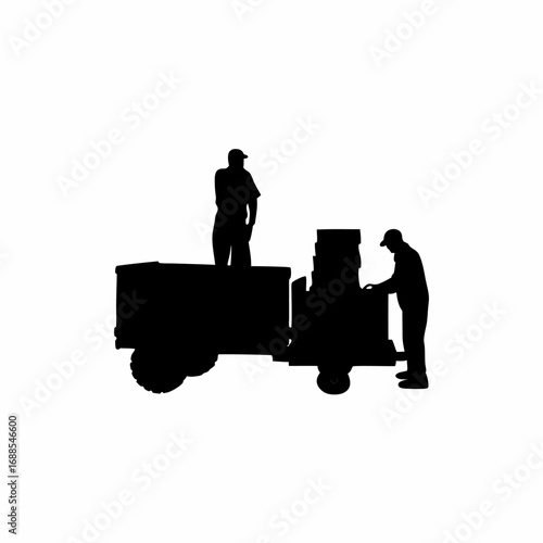 Vineyard workers unloading grapes into a truck silhouette
