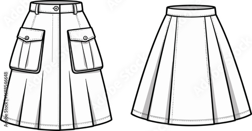 CAD drawing flat vector illustration of women’s pleated skirt with cargo pockets, waistband, front and back views, fashion technical sketch, stylish casual apparel design