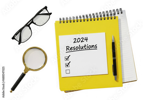 Plan your future 2024 new year resolutions with magnifying glass and notebook transparent background